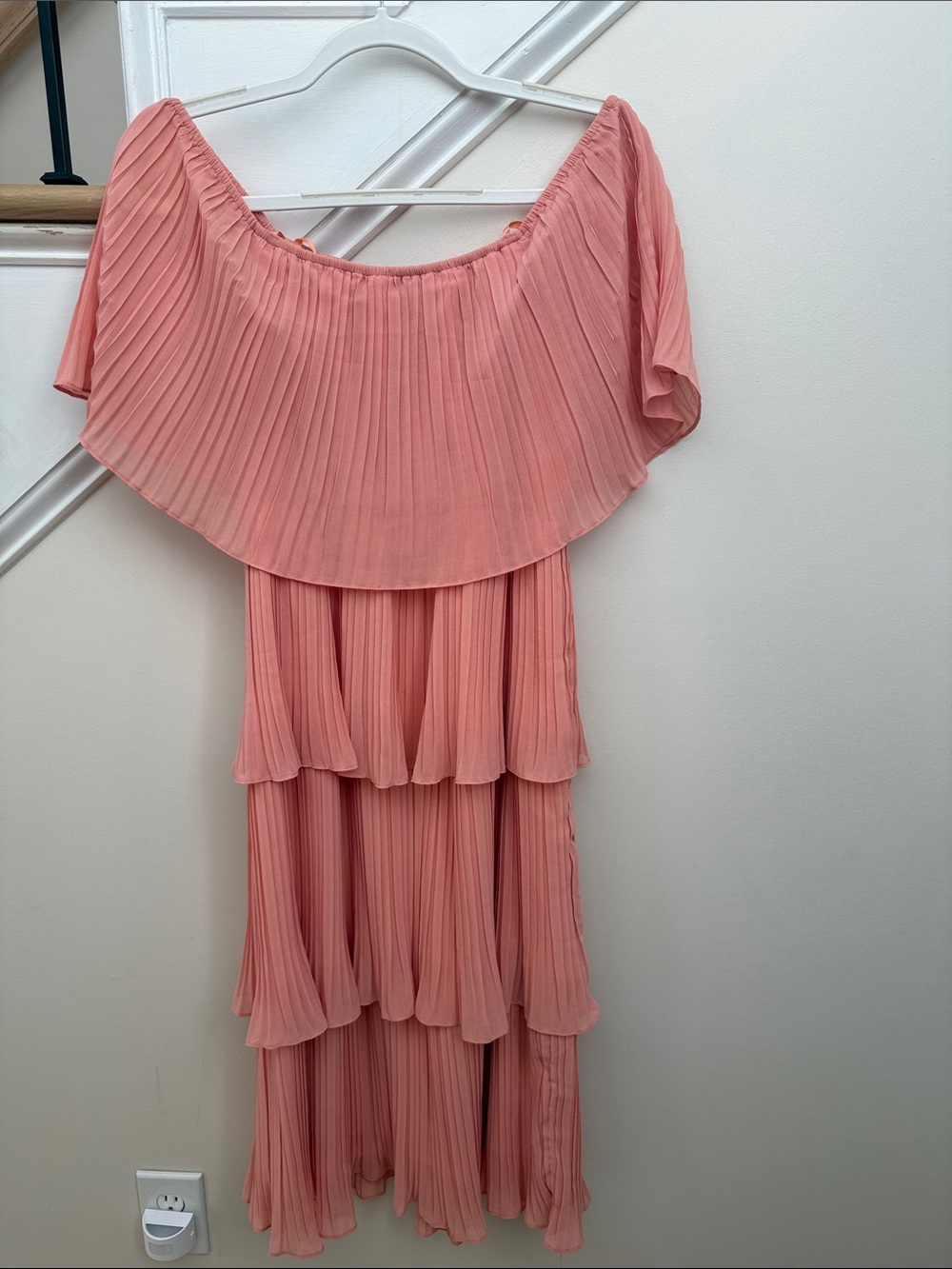 Just Me Pleated Off-Shoulder Tiered Midi Dress - Coral Pink